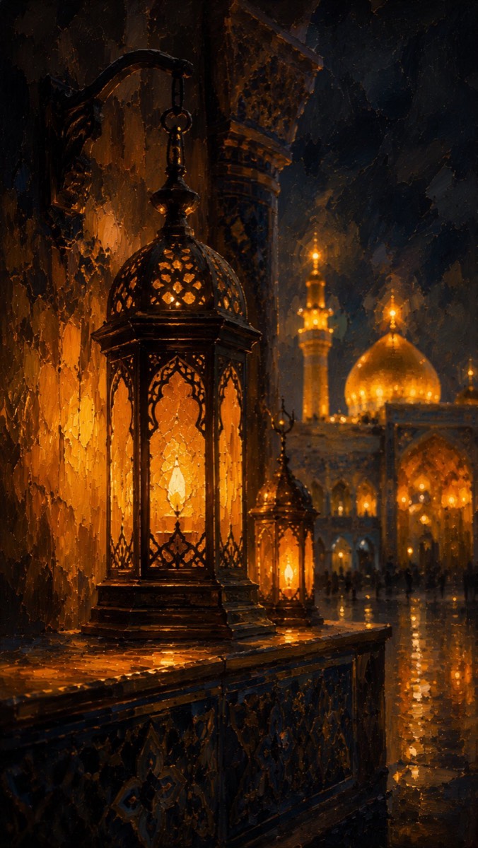 لوحة لفانوس فوق ساحة ذهبية